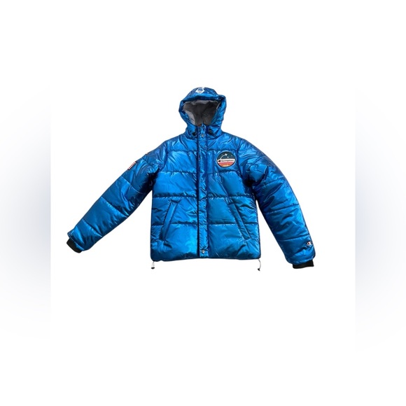 RARE Champion x NASA Metallic Puffer Jacket Mens Blue Quilted Space - Picture 6 of 12